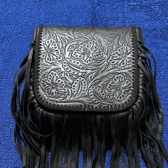 Montana West Handbags - Montana West Black Tooled Leather Fringe Crossbody Purse